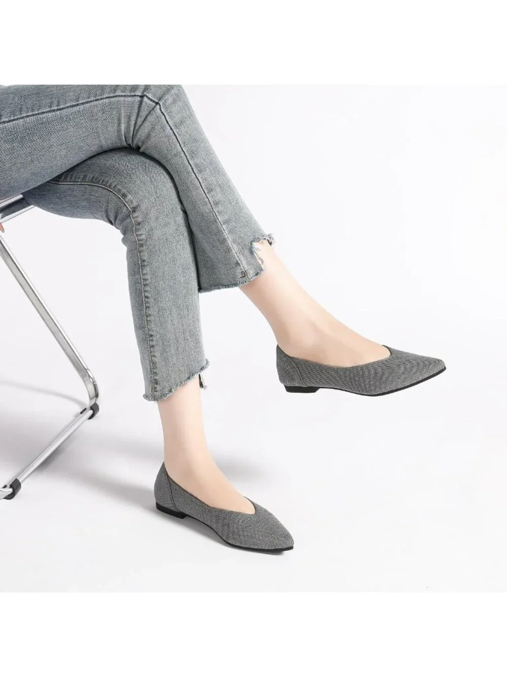 Women's Grey Ballet Flats Pointed Toe Comfortable Knit Slip Casual Shoes